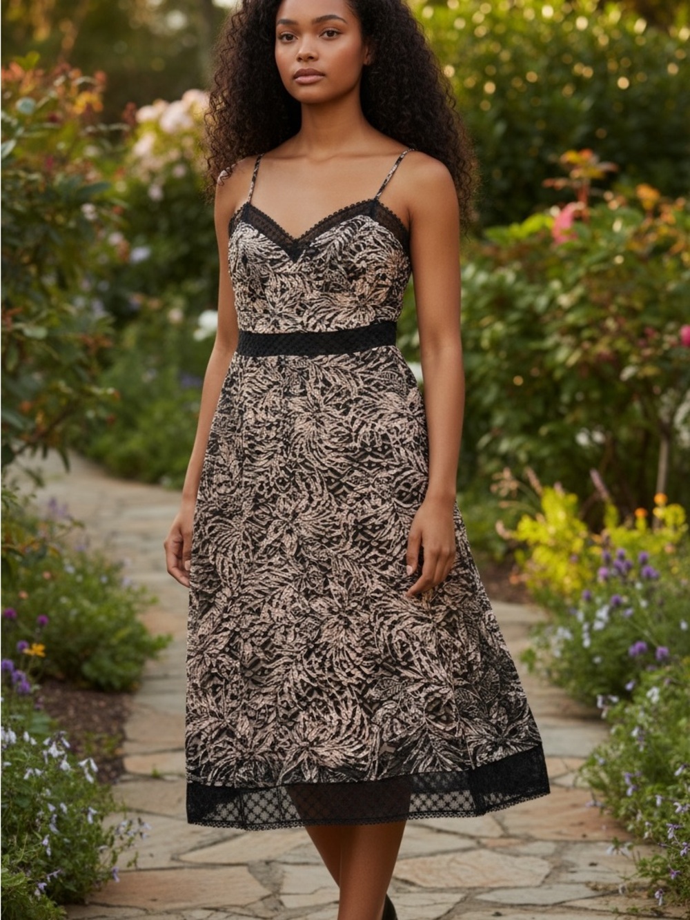 SHO by Tadashi Shoji Strap Midi Dress in Black and Blush Floral Lace